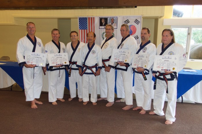 Left to right Fred Messersmith, Sa Bom Nim (Dan Bon 20729) from Torrance, California, Daymon Kenyon, Sa Bom Nim (Dan Bon 19839) from San Diego, California,Vic Martinov, Sa Bom Nim (Dan Bon 10189) from Santa Ynez, California, H.C. Hwang, Kwna Jang Nim,from Springfield, New Jersey, Larry seiberlich, Sa Bom Nim (Dan Bon 1815) from Maplewood, Minnesota, James Donnelly Sa Bom Nim (Dan Bon 14436) from Hampton Roads,Virginia, Kris Poole, Sa Bom Nim (Dan Bon 20632) from Longview, Texas and Bill Nelson, Sa Bom Nim (Dan Bon 21420) from St. Cloud Minnesota